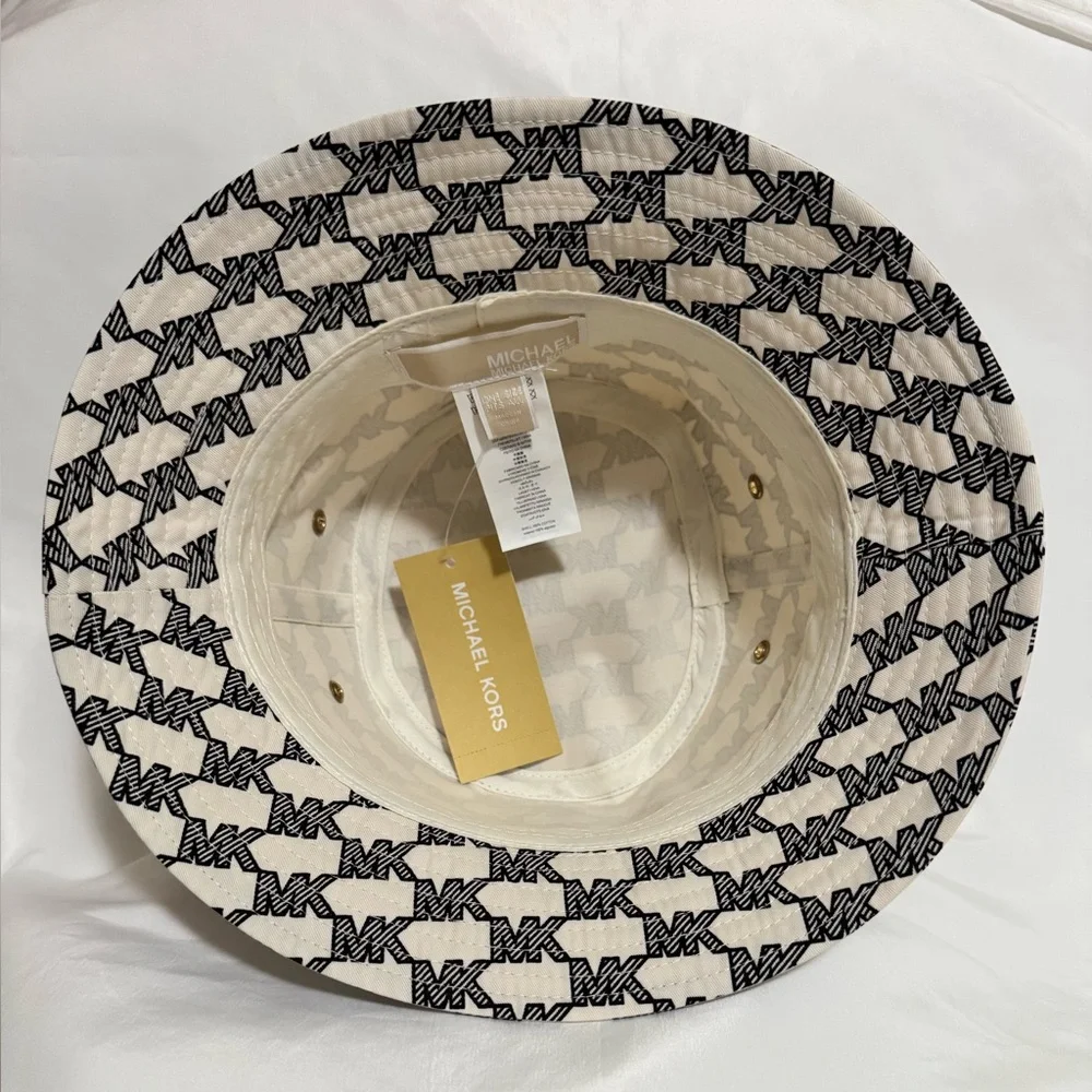 Michael Kors Cream and Black MK Logo Bucket Hat with Gold Accent